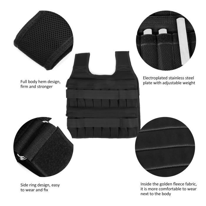 Gilet Lesté Réglable 66 Lbs (30 Kg) – Fitness Et Musculation – Noir, Taille Adulte