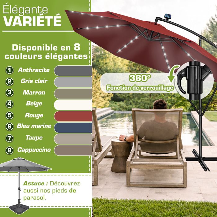 Parasol Déporté Hexagonal 3m Tillvex - LED Solaire, Manivelle Et Pied - Protection UV SPF50+