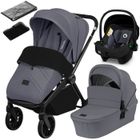 Poussette combinée 3en1 LIONELO Mika Plus - Jusqu'à 22kg - Pack poussette Trio, Nacelle, Siege auto, sac et accessoires - Gris