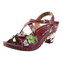 Sandales de couture de matériel de fleur dimensionnelle rétro pour femmes - Rouge - Talons épais