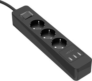 MULTIPRISE Noir – Bloc multiprise (3 Prises, 3 Porte chargeurs USB, Max. 4,8 A, Charge Max. multiprise, 4000 W, 250 V, 16 A, certifié GS et