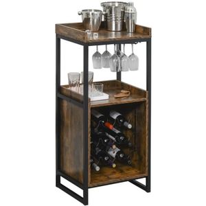 MEUBLE RANGE BOUTEILLE Casier à vin design industriel étagère à bouteilles 9 bouteilles support verres à vin intégré métal noir aspect vieux bois veinage