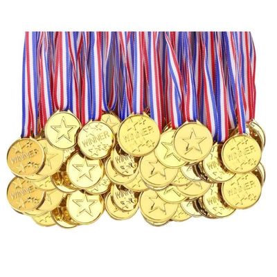 Lot De 6 Médailles Dorées Métal Avec Rubans Pour Sport, Fêtes Et Compétitions - 5,1 Cm