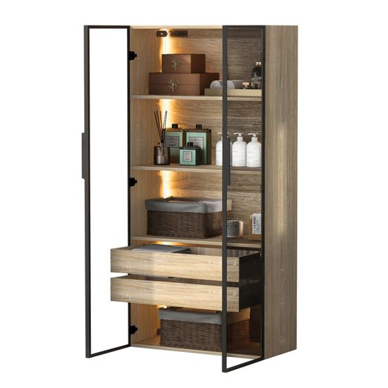 Vitrine En Verre Avec éclairage LED Tactile - 3 étagères - 123x40x35 Cm - Noir, Porte Verrouillable