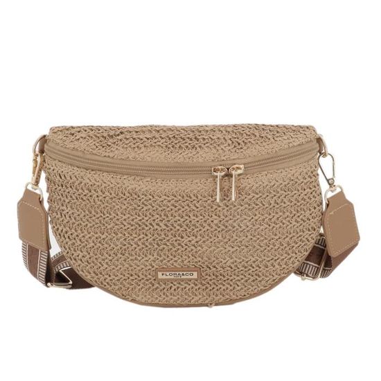 Sac Bandoulière Femme En Paille Tressée Beige - Fourre-tout Rabat Anse Chaîne Cuir