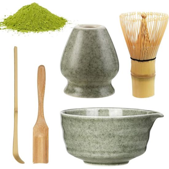 Matcha Harmonie Du Japon Kit Cérémonie Du Thé Matcha 4 Pièces - Fouet Bambou, Support Céramique, Cuillère, Spatula - Traditionnel Japonais