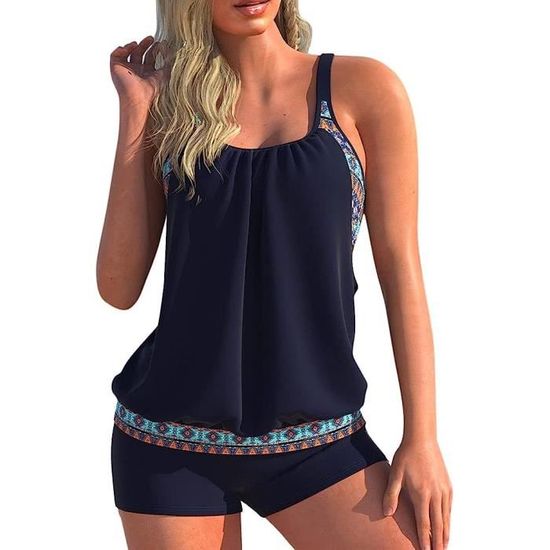 Maillot De Bain 2 Pièces CheChury Femme - Tankini Taille Haute Avec Short - Imprimé Vintage