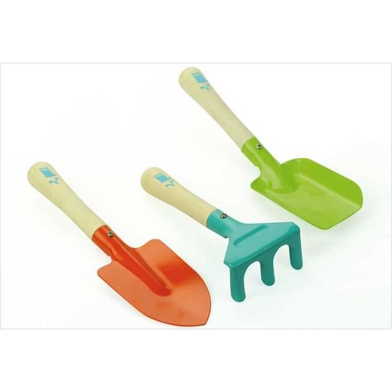 Set de 3 outils de jardinage pour enfant VILAC en bois et métal - pelle, rateau, binette - vert