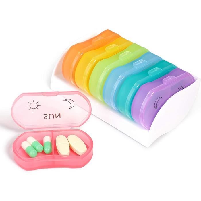 Boîte à Pilules Portable,Pilulier Semainier 7 Jours 14 Compartiments Matin/Soir,Mini Boîte à Pilules Multicolores Distributeur