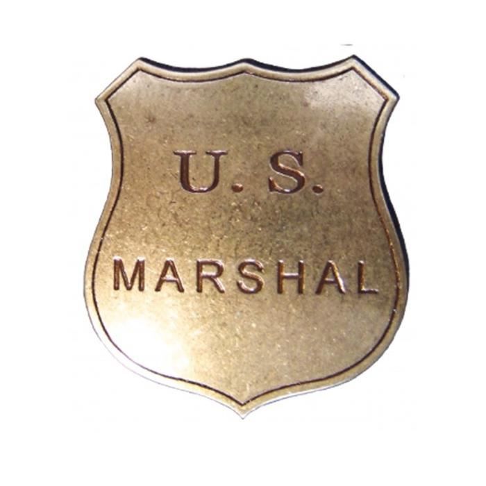 Réplique d'une plaque de service du US Marshal en métal, avec une aiguille pour la maintenir en place.