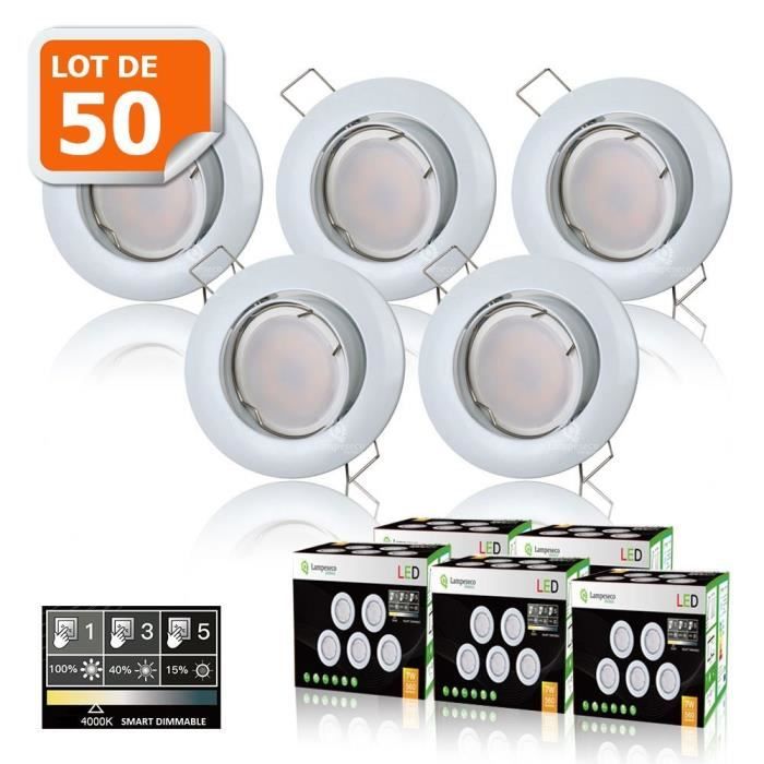 50 SPOTS LED DIMMABLE SANS VARIATEUR 7W eq.56w NEUTRE ORIENTABLE FINITION BLANC