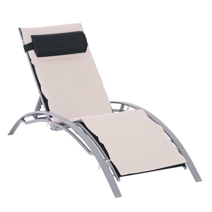 Bain de soleil transat design contemporain inclinable multi-positions avec matelas et tétière dim. 170L x 64l x 82H cm alu