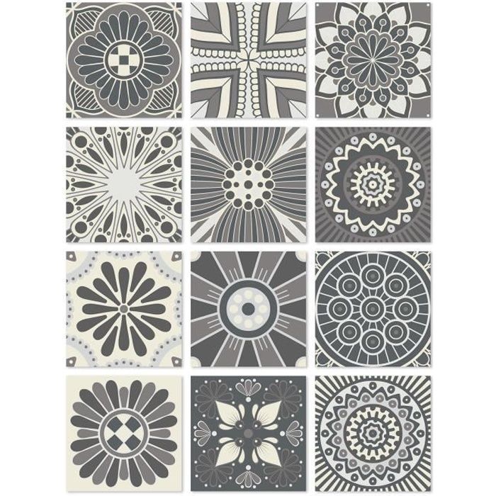 Panorama Stickers Carrelage Adhésif Cuisine 48 Pièces de de 15x15cm Hydraulique Gris - Autocollant adhésif en Vinyle pour Carreaux