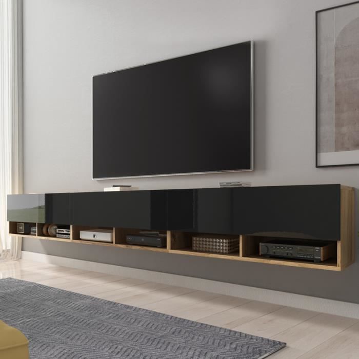 Meuble TV / Meuble de salon - WANDER - 300 cm - sans LED - chêne wotan / noir brillant - design moderne