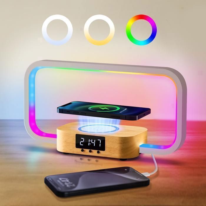 Lampe de Chevet avec Chargeur sans Fil 15W & USB Port RGB Lampe de Bureau en Bois 7 Couleur