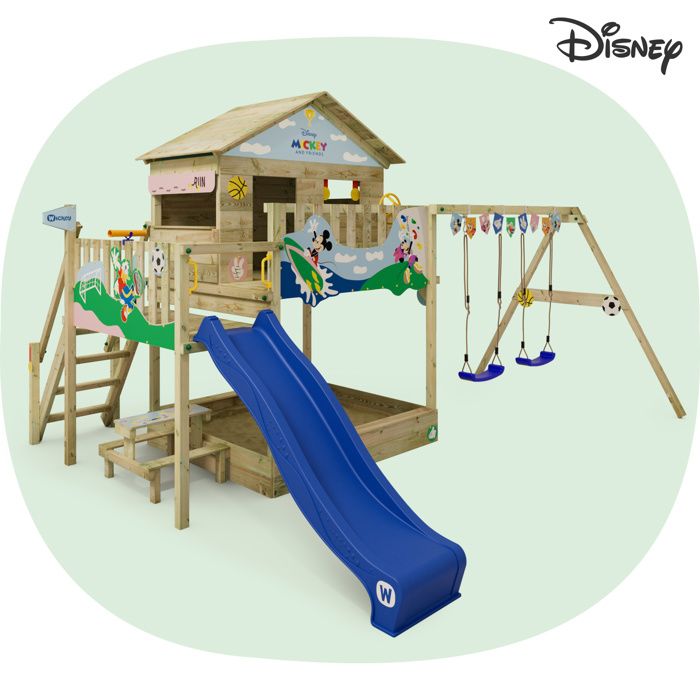 Aire de jeux WICKEY Disney Quest Mickey et ses amis – Toboggan 220 cm balançoire & mur d’escalade – Garantie 10 ans*