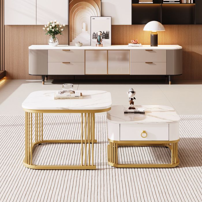 Tables basses gigognes Lot de 2 marbre brillant avec 1 tiroir rangement Décor doré Table dappoint salon 60x60x45+50x50x34cm