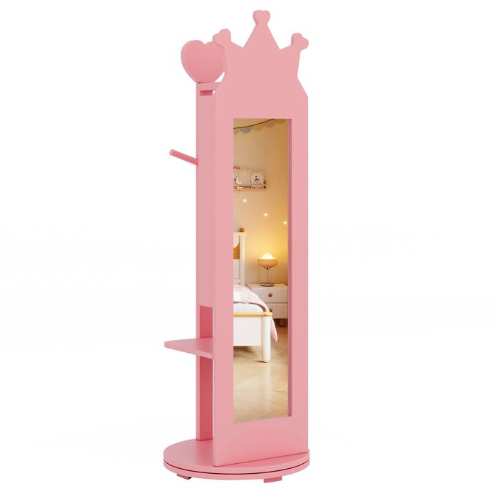 GOPLUS Armoire à Bijoux sur Pied pour Enfants avec Miroir Pleine Longueur et Porte-vêtements-Rotative à 360°-36x36x112CM Rose