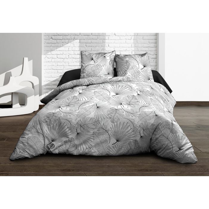 Housse de couette 220x240 + 2 taies Olinda gris 100% coton 57 fils - boutons pression Housse de couette 220x240 + 2 taies Olinda gris 100% coton 57 fils - boutons pression
