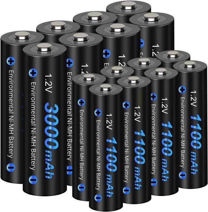 Ensemble de Piles Rechargeables AA AAA 16pcs Ni-MH (8 Piles AA 3000 mAh et 8 Piles AA 1100mAh)
