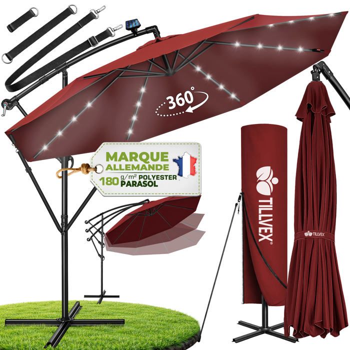 Gris Parasol solaire LED - Diamètre : 350 cm - Avec manivelle - En Gris Parasol solaire LED - Diamètre : 350 cm - Avec manivelle - En