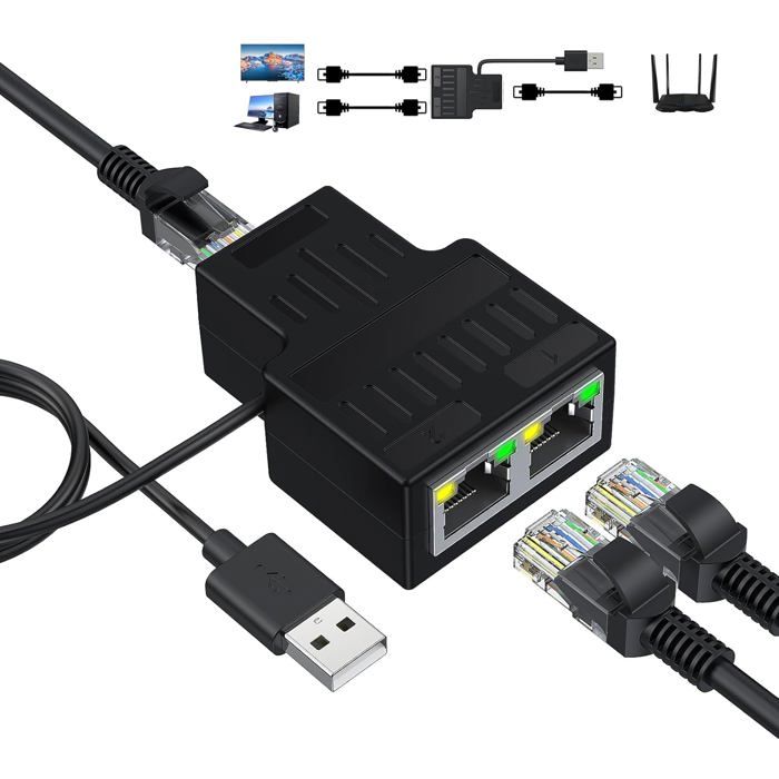 Switch Ethernet 2 Ports Gigabit - Répartiteur RJ45 1 Vers 2, 1000 Mbps - Alimentation USB-C - Pour Routeur, PC, TV, Console - 2