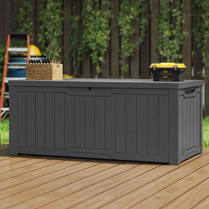 YITAHOME Boîte de Rangement dExtérieur - Verrouillable - Coffre de Jardin - 142 x 67 x 69 cm - Table Polyvalente - Gris Foncé