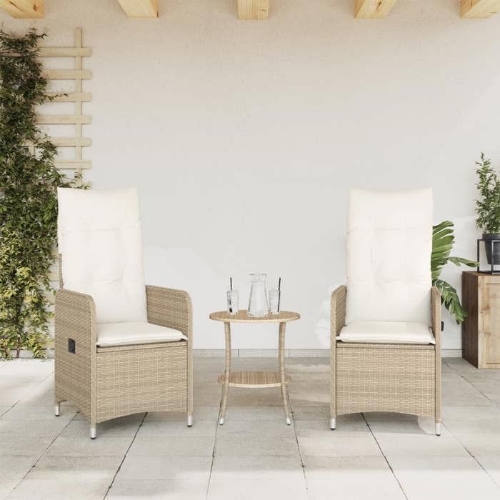 SWEETY Chaises inclinables de jardin lot de 2 avec table beige rotin - anticorrosion - 21.6kg CJ1037