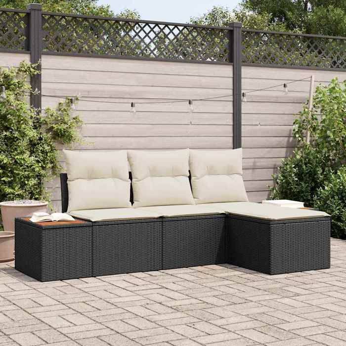 vidaXL Ensemble de canapé de jardin avec coussin 4 pcs Noir polyrotin 3348058