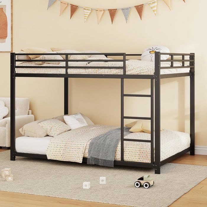 Lit superposé 90x200cm lit enfant avec échelle cadre en métal sommier à lattes style industriel noir