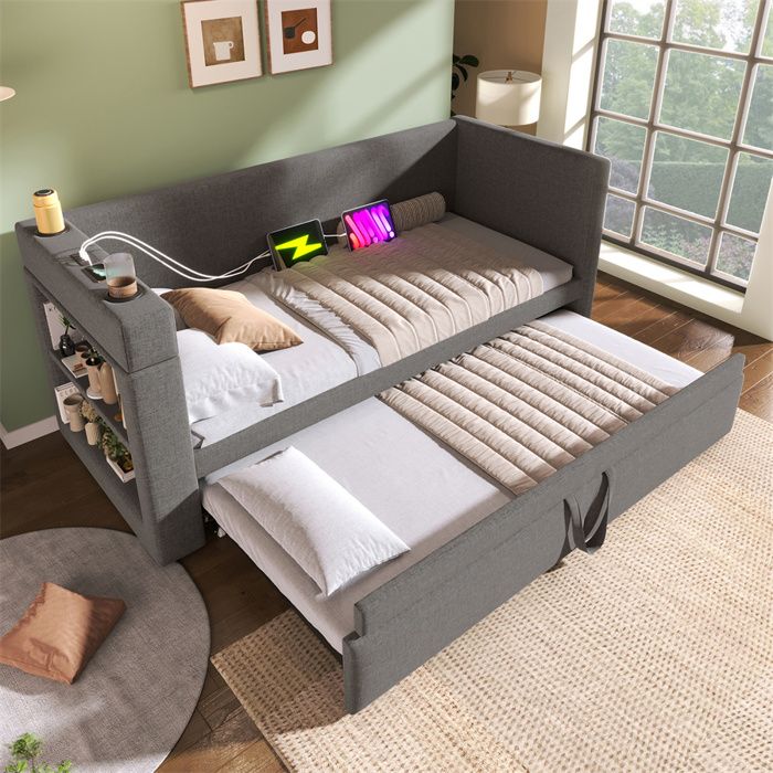 Canapé-lit 90×190 avec Lit Gigogne Lit Banquette 1 Place avec Accoudoirs et Ports Charge USB et Type-C et Porte-gobelet Lin Gris