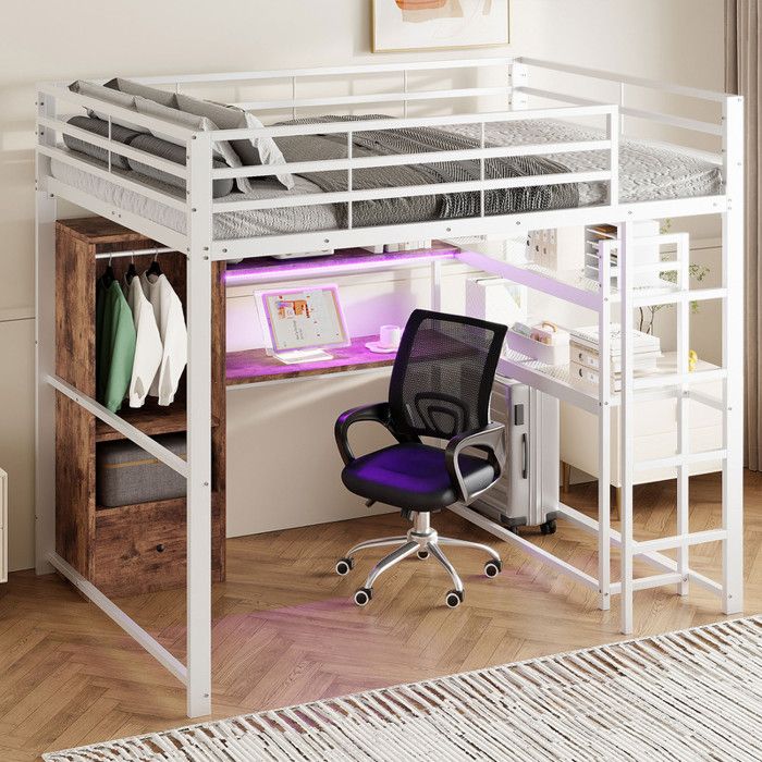 Lit mezzanine 140x200 cm - avec éclairage LED - avec bureau et escalier - avec 1 tiroir - blanc (matelas non inclus) Lit mezzanine 140x200 cm - avec éclairage LED - avec bureau et escalier - avec 1 tiroir - blanc (matelas non inclus)