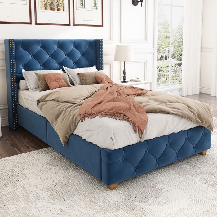 Lit simple Lit capitonné 90 x 200 cmavec sommier à lattes et tête de litcapitonnage à boutons bleu