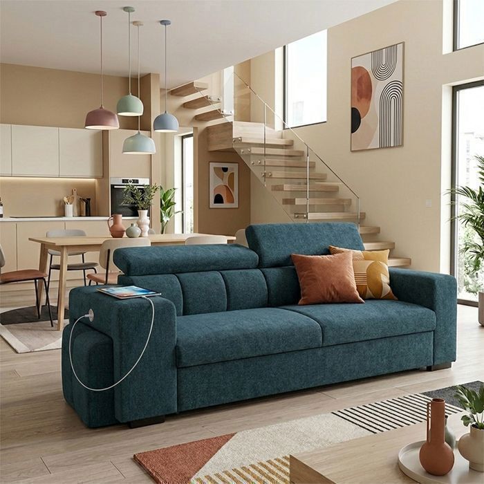 SIRIUS canapé droit convertible Bleu OCEAN (tissu lisse) - Taille S 3 places - 251 x 100 x 96