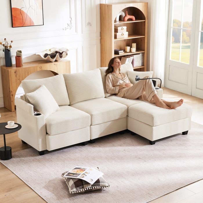 Canapé dangle réversible 3/4 places canapé Moderne avec repose-pieds porte-gobelets chargeur USB 2 coussins Velours côtelé beige