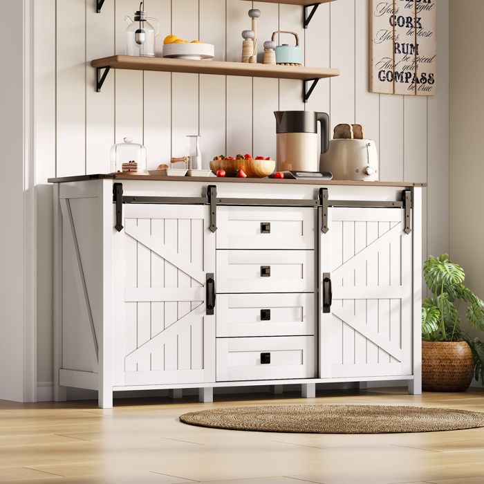 Buffet de Cuisine 137×40×815 cm Blanc Style Rustique avec 4 Tiroirs 2 Portes Coulissantes et Grand Plateau de Rangement