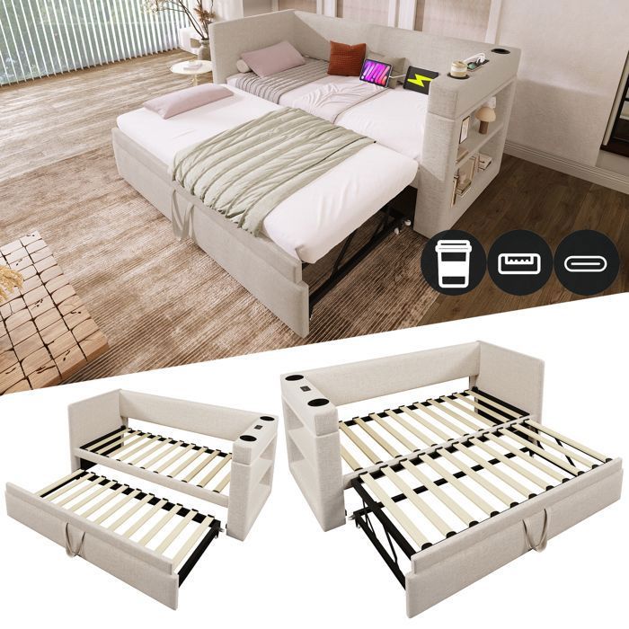 Canapé-lit 90x190cm avec lit extraitaccoudoirs avec connexion de recharge USB & Type-C et porte-boissonstissu mélange lingebeige
