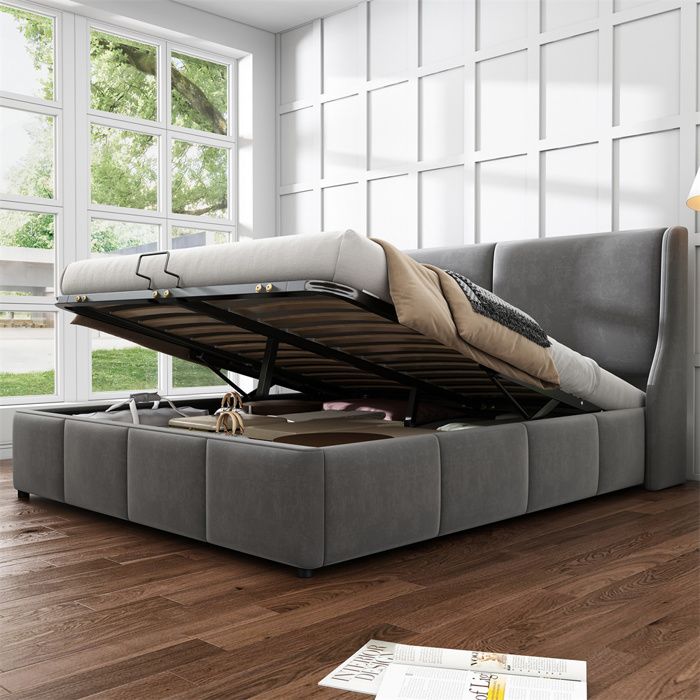Lit coffre rembourré 140x200 velours gris tête forme oreille avec coussin sommier hydraulique