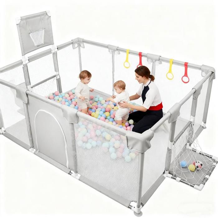 Parc Bebe xxl avec Barrières, Parc de jeux bébé avec maille douce respirante, Grand espace de jeu de sécurité, Sac de rangement inclus, 180x150x66cm, Noir