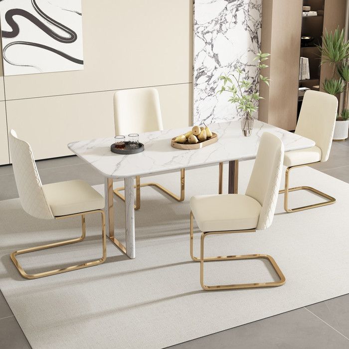 Chaise de salle à manger en velours - Ensemble de 4 - Design dos en diamant - Pieds métal doré - Beige