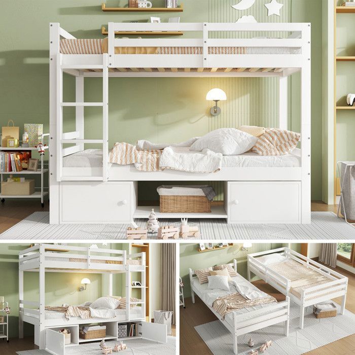 Lit superposé enfant 90x200cm- Convertible en 2 lits - Étagères à chaussures et casiers intégrées - Bois de pin certifié FSC - Blanc