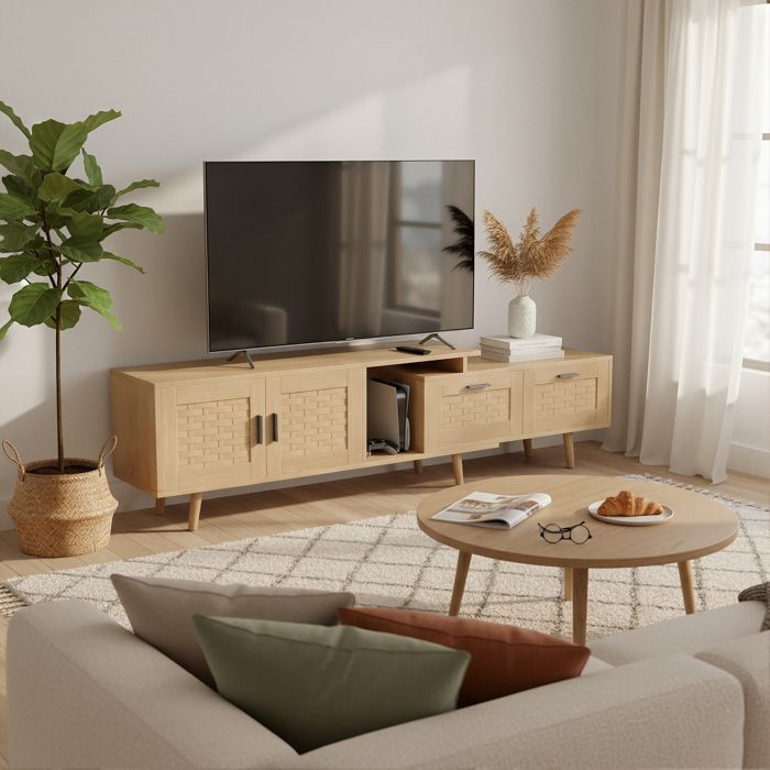 Meuble TV Extensible - Novélys - 169cm à 200cm+ - avec Portes en Rotin Tressé & 2 Tiroirs - Style Scandinave - Bois Naturel