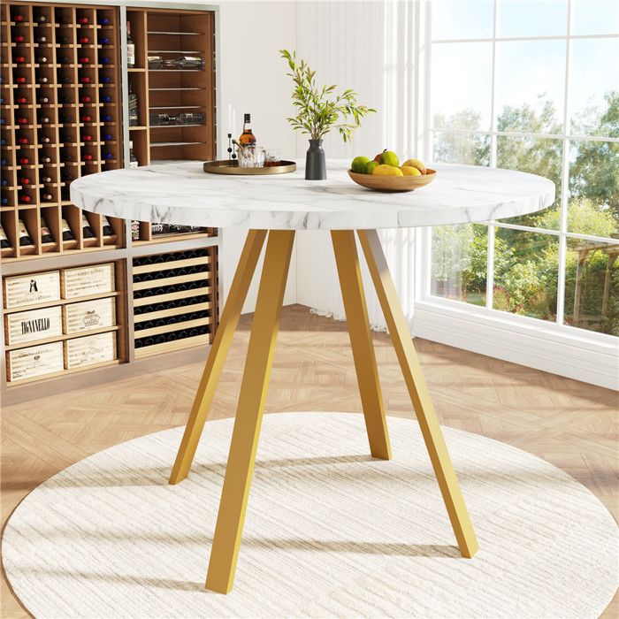 Table à Manger Ronde Blanche 80 cm Effet Marbre Table de Cuisine Design pour 2 à 4 Personnes Salle à Manger Pied en Métal Doré