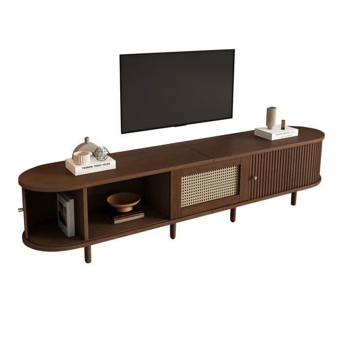 Meuble TV ovale en noyer foncé design rotin - 180 cm Design MDF pieds réglables capacité de charge 30 kg - couleur noyer foncé