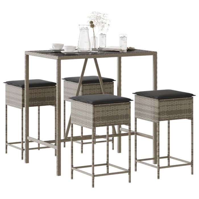 NEW 2026 Ensemble Bistrot/BAR - lot de 5 - 4 Chaises et 1 Table- avec coussins gris poly rotin 110x70x110 cm S616