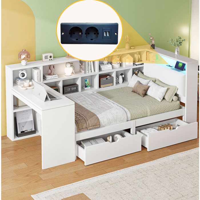 Lit plateforme dangle L 90 x 200 cm avec bureau étagère et LED
