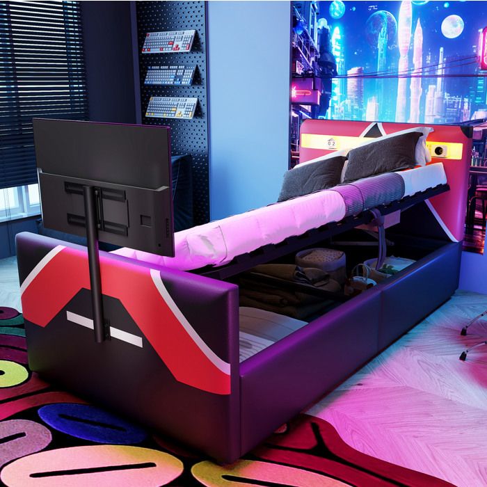 Lit simple gaming 90x200 cm avec LED rangement hydraulique et support TV rembourré PU noir (Sans matelas)