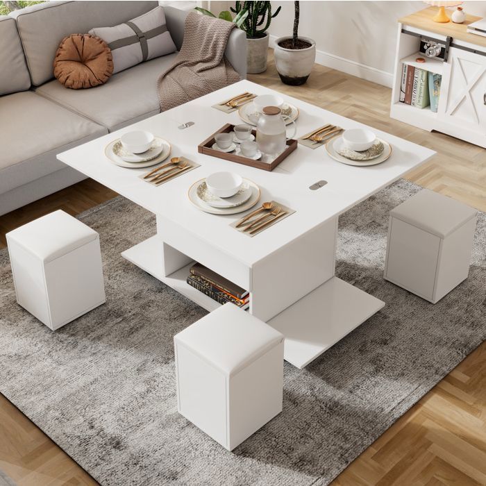 Table basse relevable avec 4 tabourets et roulettes pour salon en panneau de particules blanc 100×100×635 cm