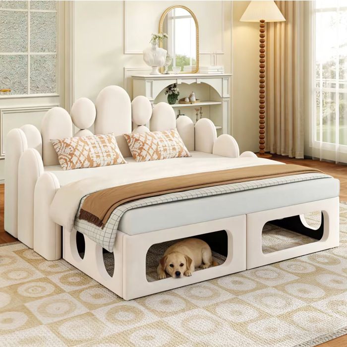 Lit banquette adulte 180x200 cm lit enfant convertible 2-en-1 avec couchage pour animal dossier velours beige