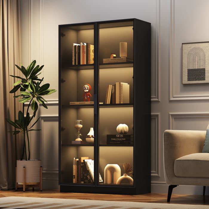 Vitrine 2 Portes en Verre avec Étagères Réglables et LED - YEAVIO - Aluminium et Panneaux Noir 80×40×160 cm